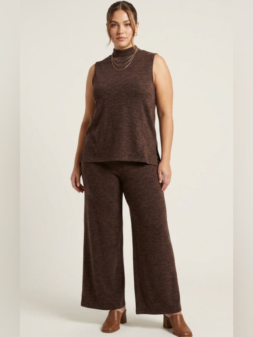 Sleeveless Mock Neck Knit Top & Wide-Leg Pants Set - Brown